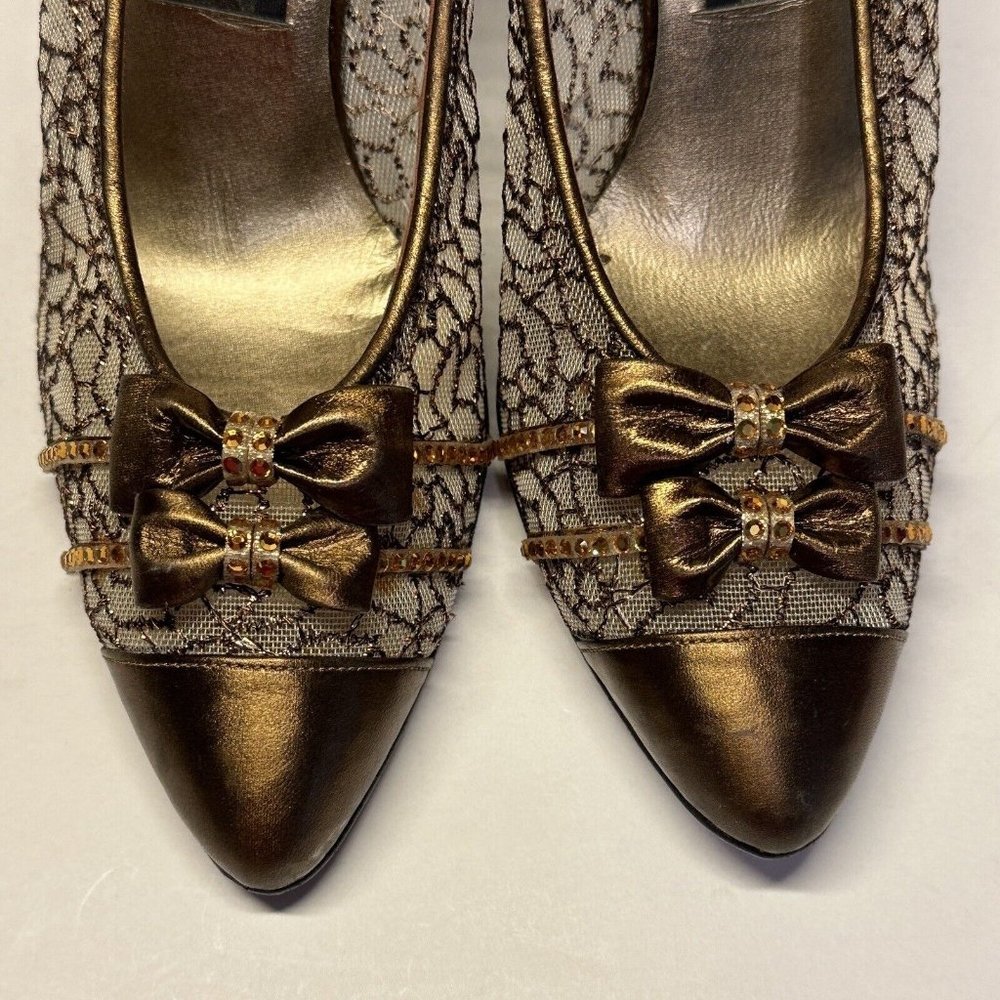 STUART WEITZMAN Womens Heels Shoes Size 6B Brown Guipure Lace Beaded Bow - Picture 8 of 13